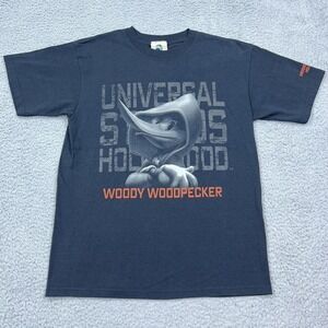 Universal Studios Mens Shirt Navy Hard Woody Woodpecker Hollywood Hood Graphic M